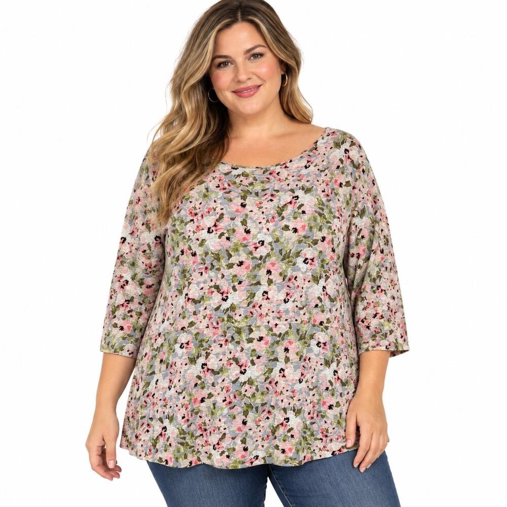 J Jill Tunic Blouse Womens 2XL Multicolor Floral Linen Scoop Neck 3/4 Sleeve Top